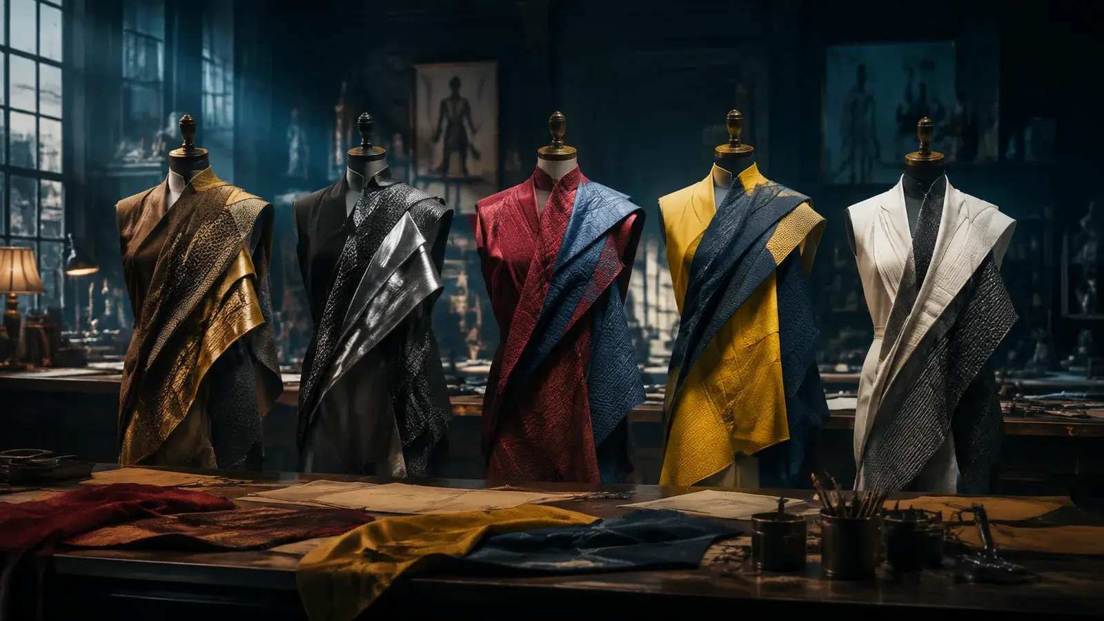 Five tailoring displays explore different costume color and material combinations.