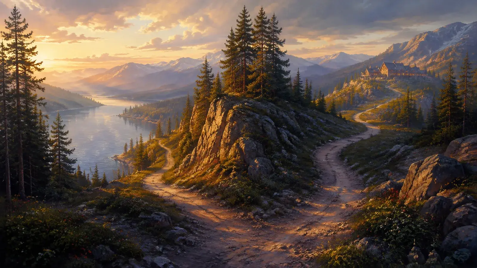 A forest trail divides into a direct route and a longer lakeside path.
