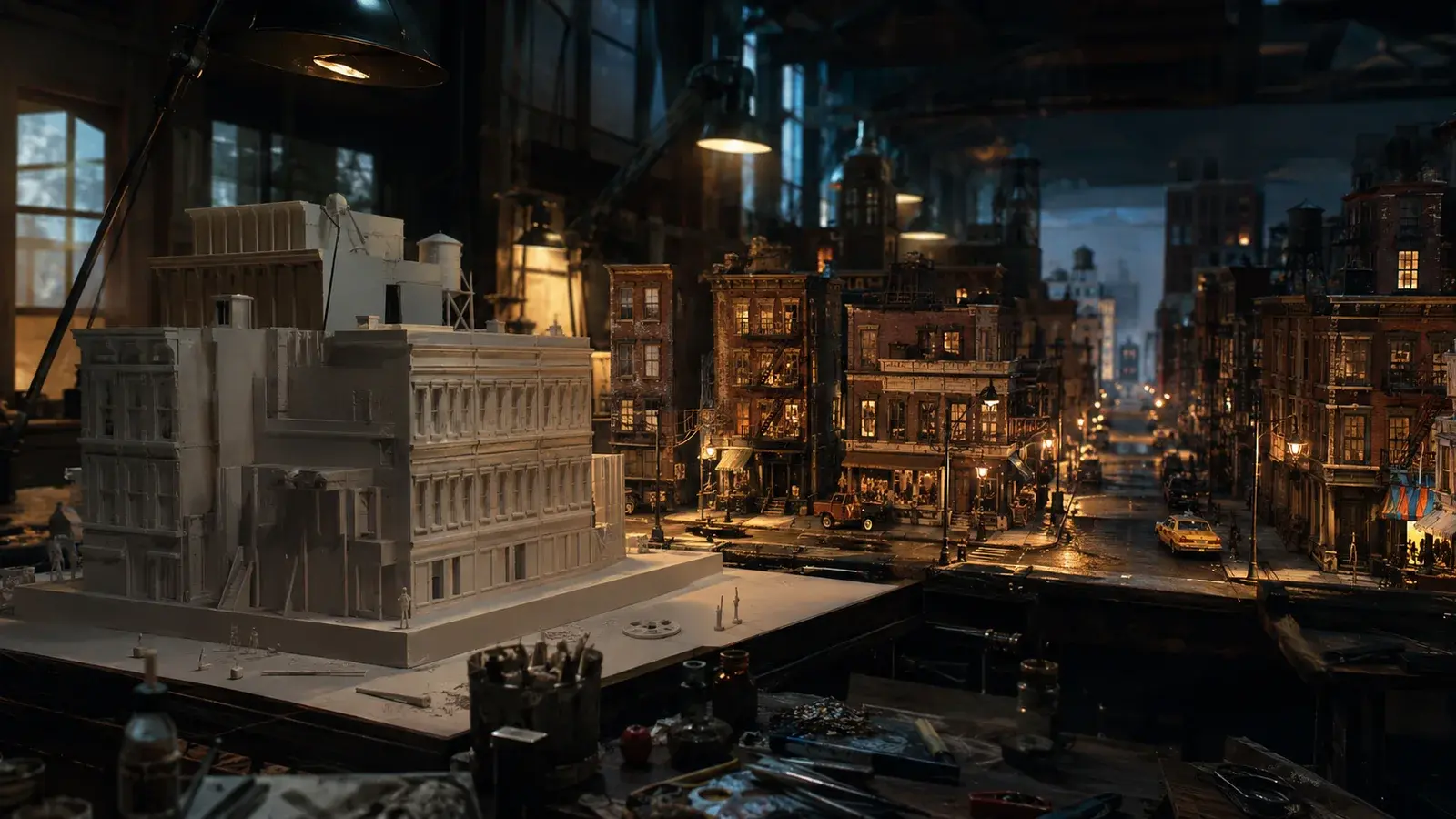 A rough architectural model sits in front of a more detailed street miniature.