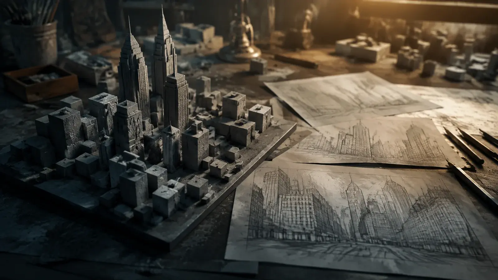 An unfinished gray city model rests beside architectural sketches.