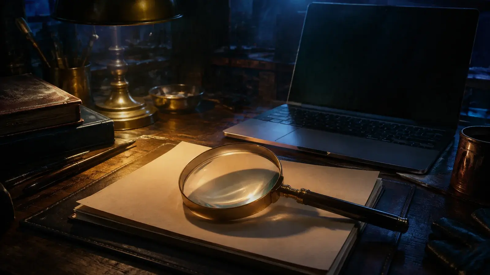 A magnifying glass and blank documents lie beside a dark laptop.
