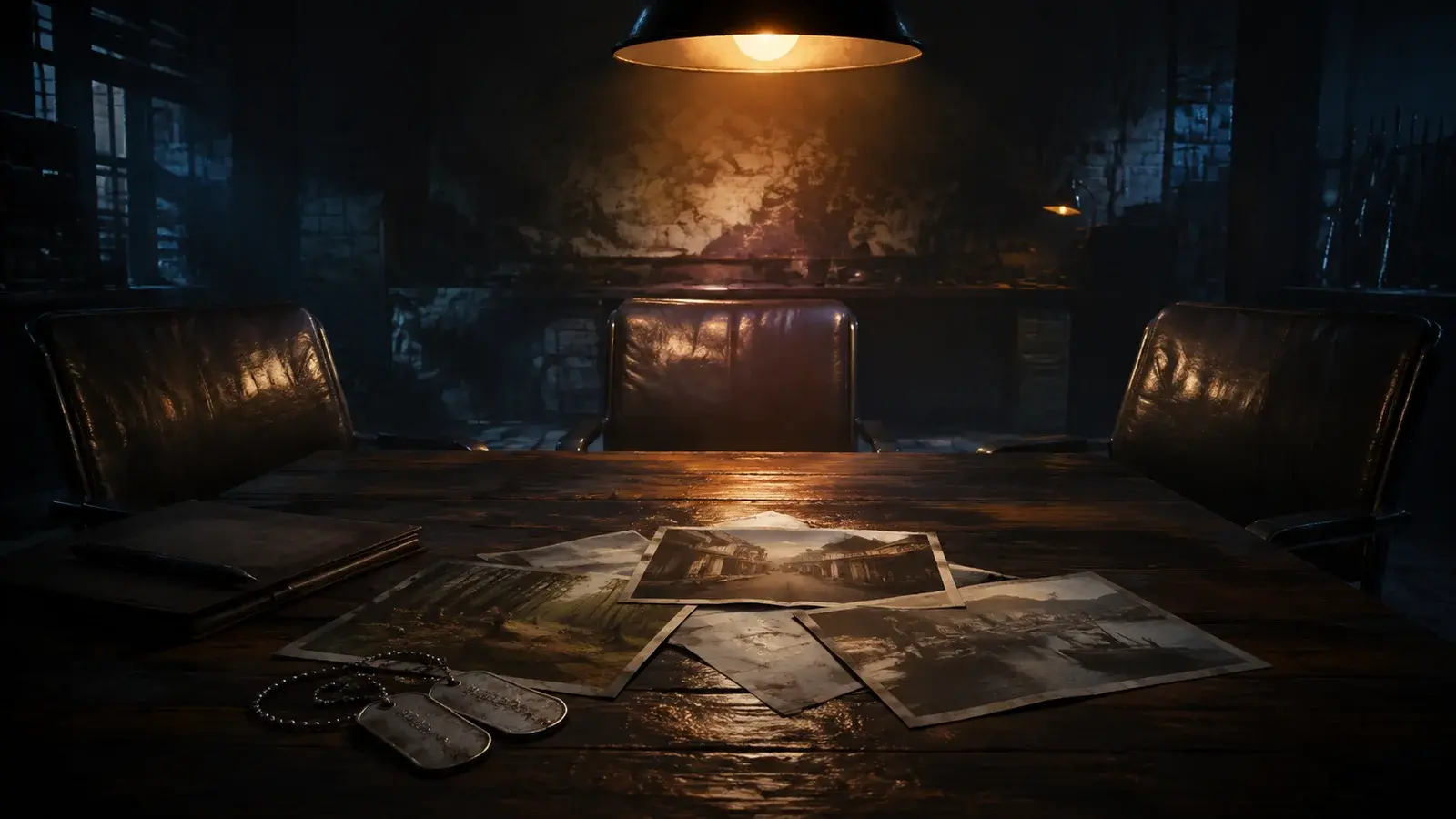 Dog tags and location photographs laid out in a covert operations briefing room.