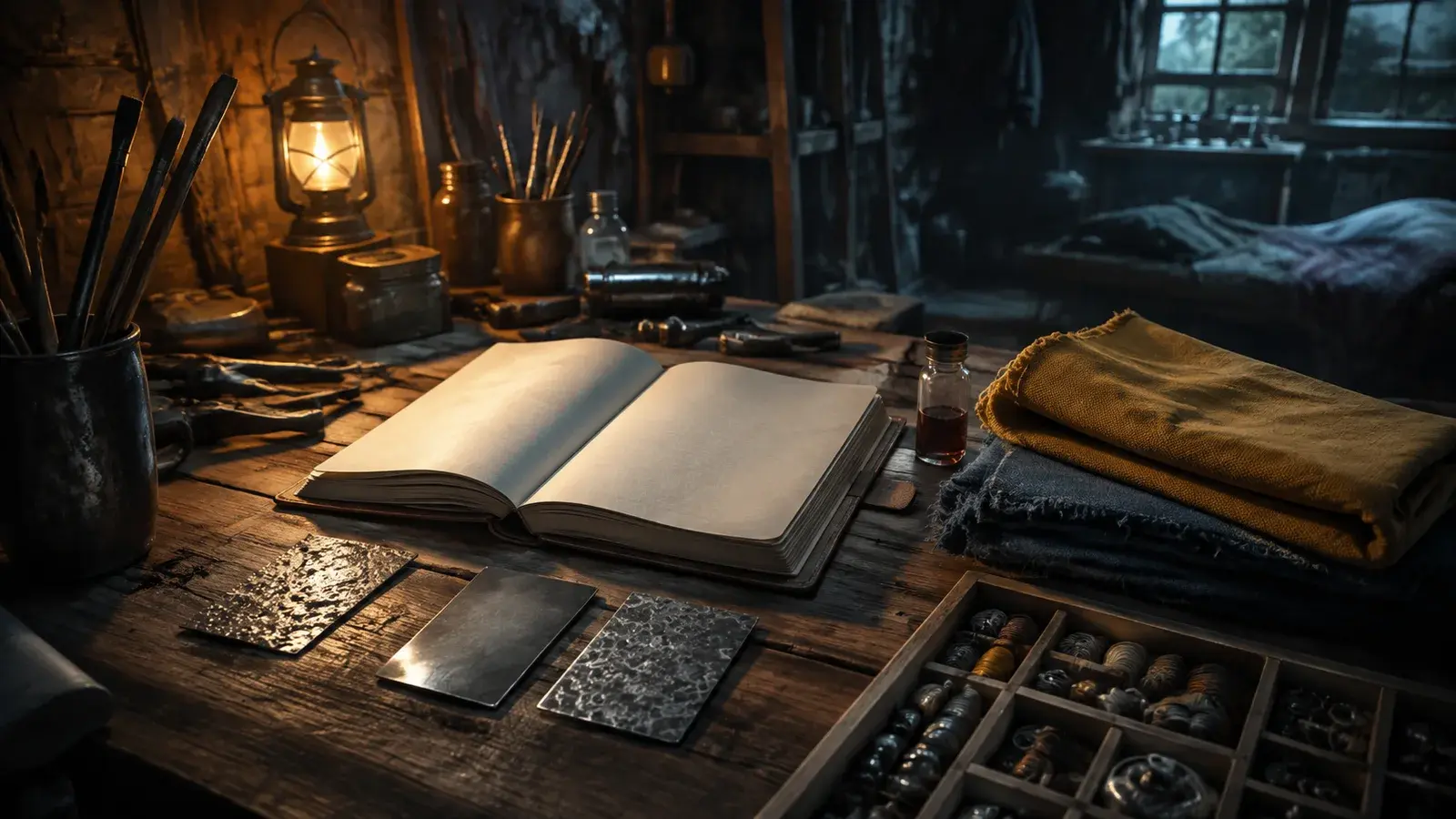 A field journal, fabric and crafting materials arranged on a workshop bench.