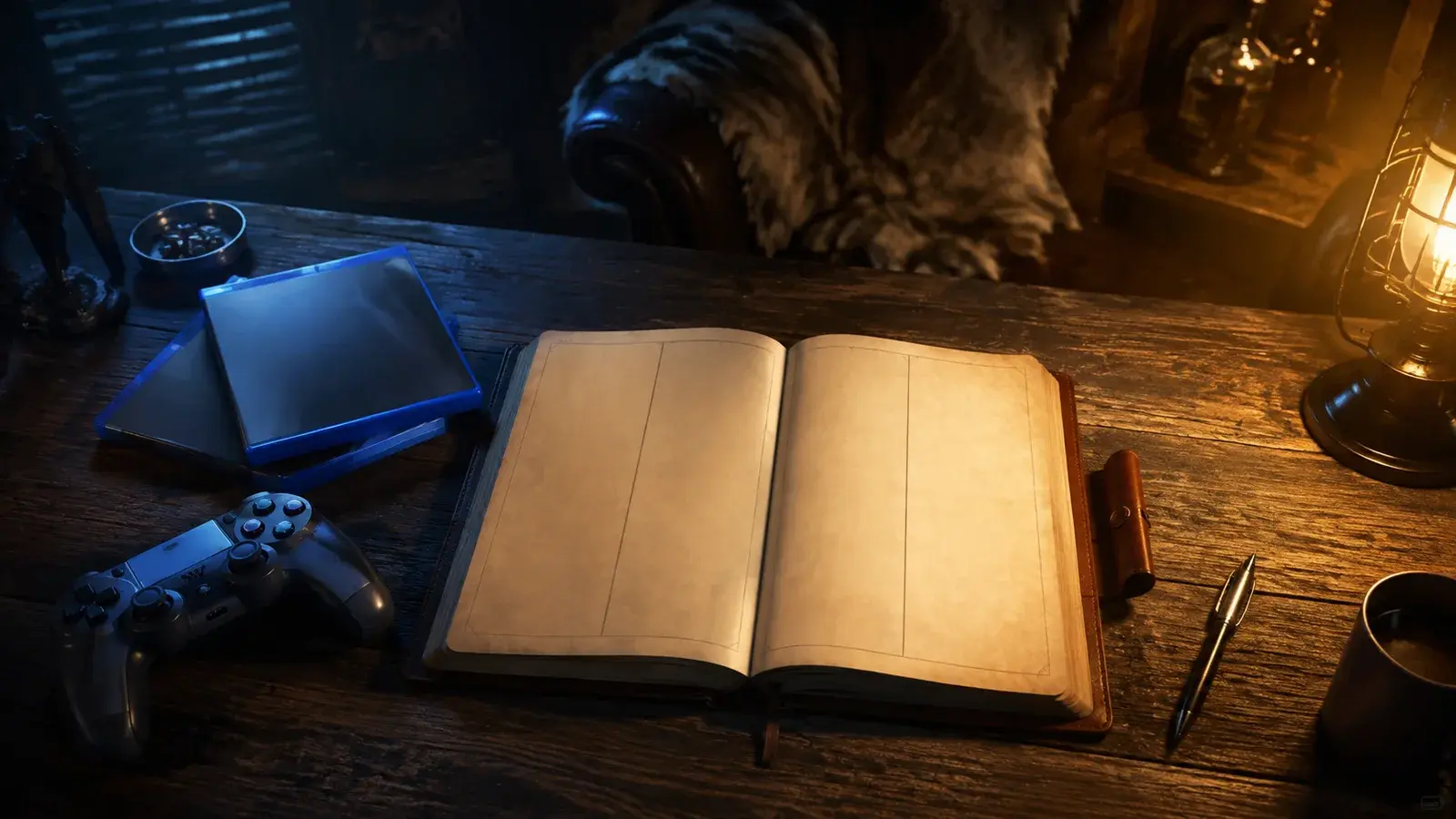 Two game cases flank an open journal with empty comparison columns.