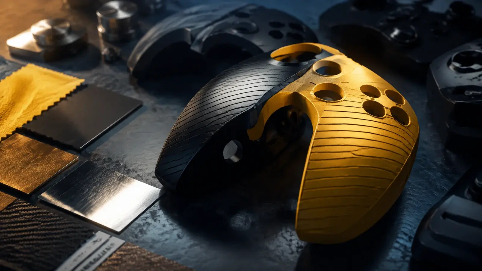Yellow polymer, black shell pieces and metal samples form a hardware design study.