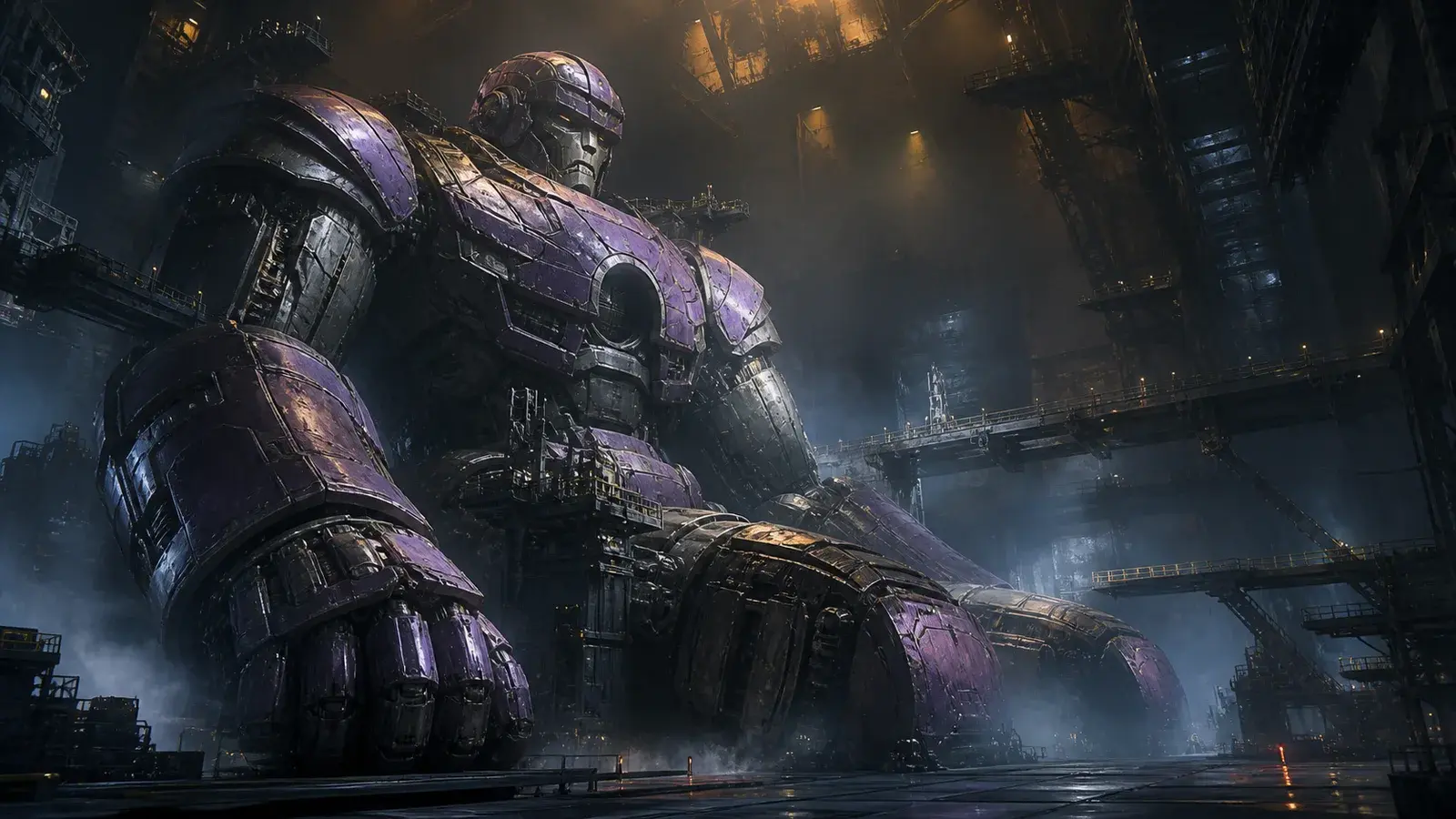 A massive purple-and-steel Sentinel-inspired robot sits dormant in a hangar.