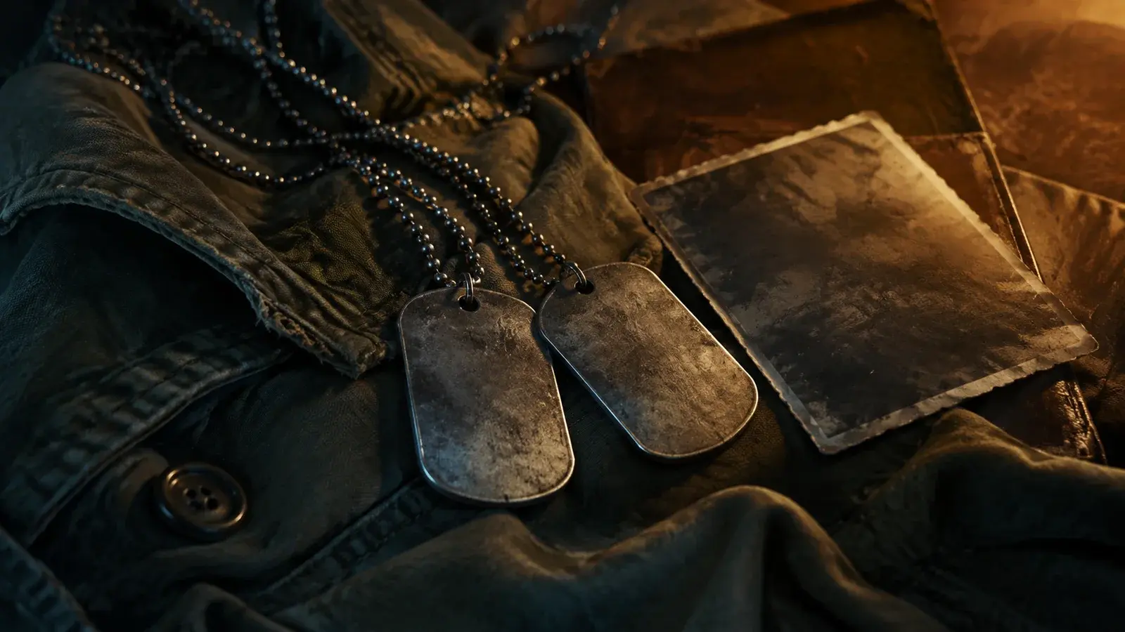 Two sets of dog tags lie together on a folded field jacket.