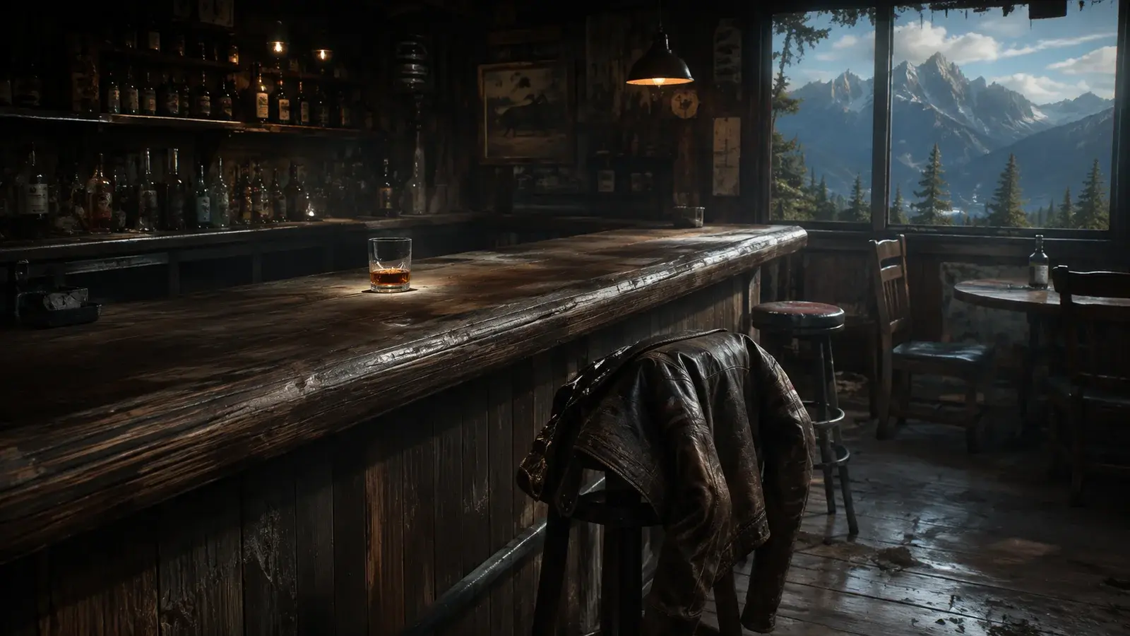 A leather jacket hangs over a stool at a quiet roadside bar.