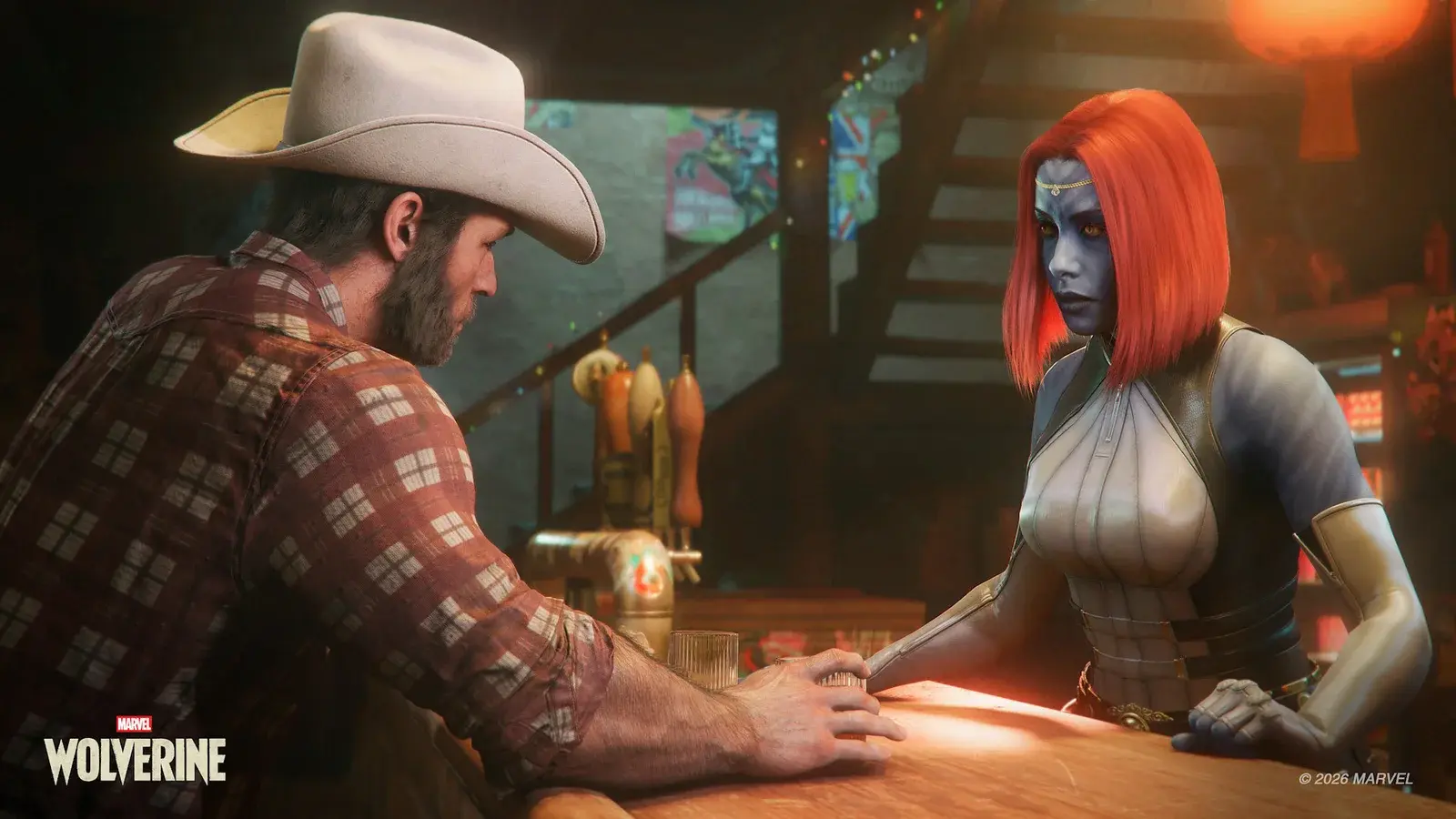 Logan and Mystique talk at the bar in an official game screenshot.