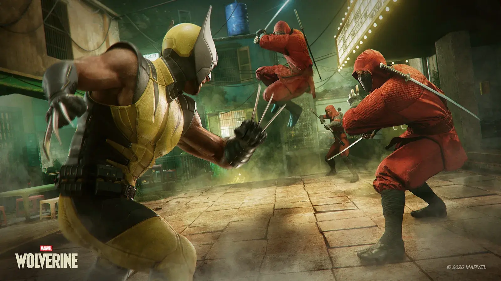Wolverine fights red-clad enemies in a green-lit interior.
