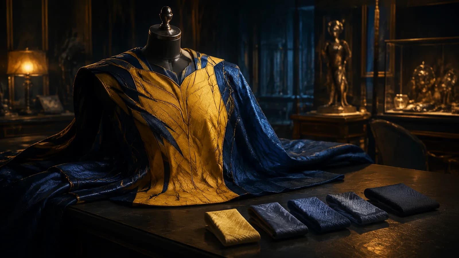 Yellow and blue fabric hangs in an atelier beside five alternate swatches.