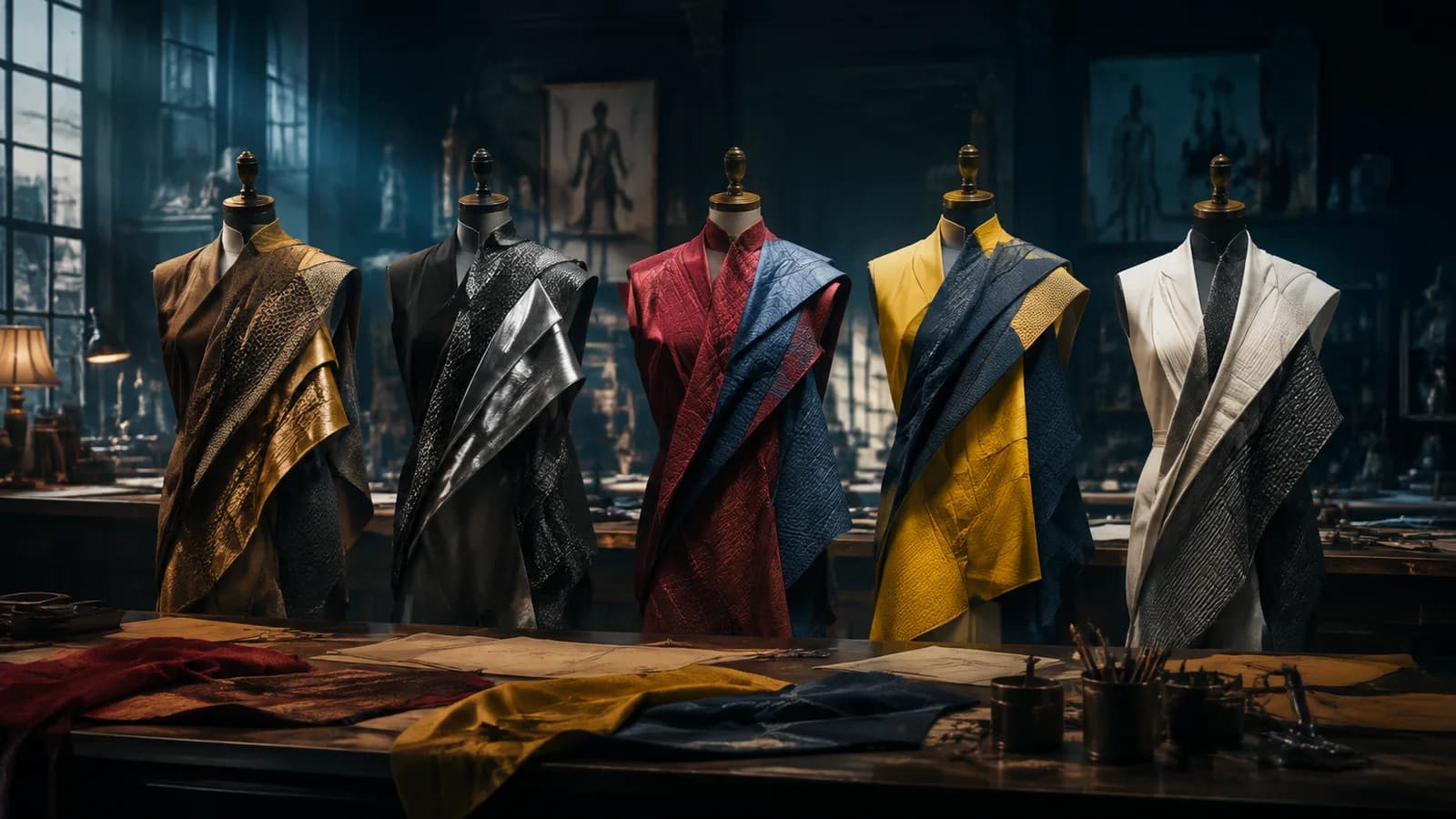 Five tailoring displays explore different costume color and material combinations.