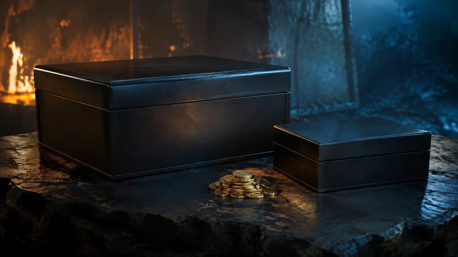 Two presentation boxes stand beside a small group of gold coins.