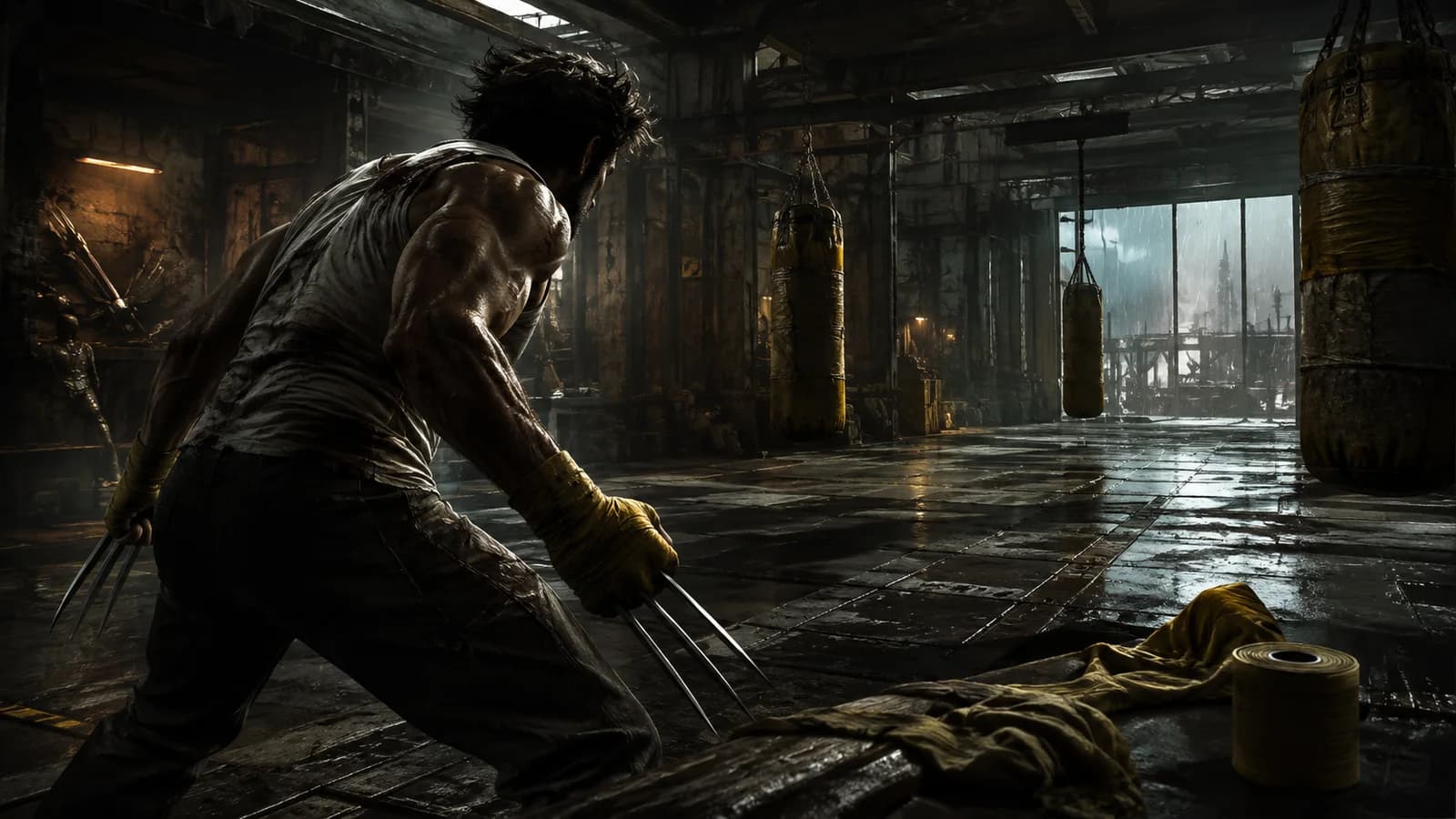 Wolverine trains with extended claws in a rain-lit industrial arena.