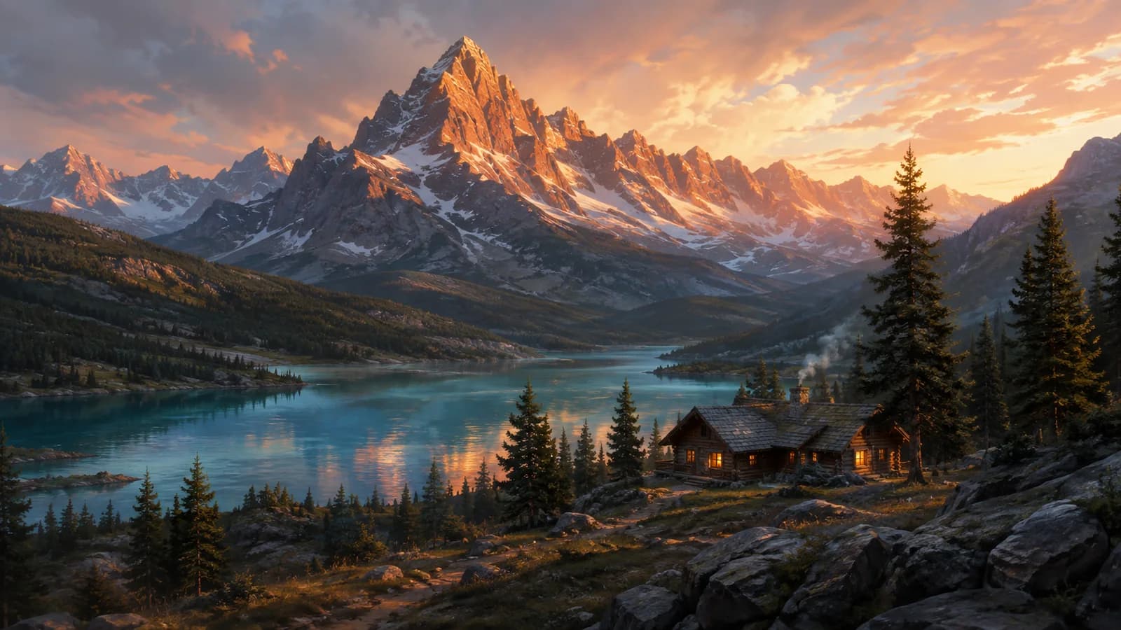 A timber cabin overlooks a forest lake below snow-capped Canadian mountains.