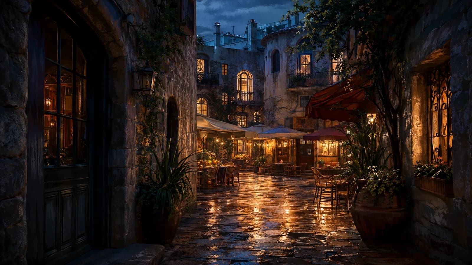 A narrow city lane opens into a sheltered courtyard with market awnings.
