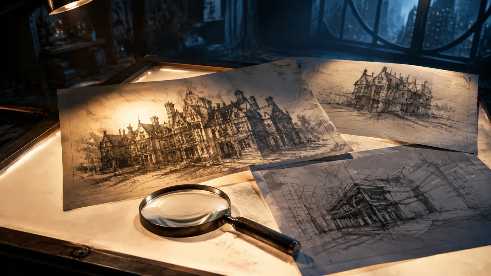 A magnifying glass rests over sketches at different stages of completion.