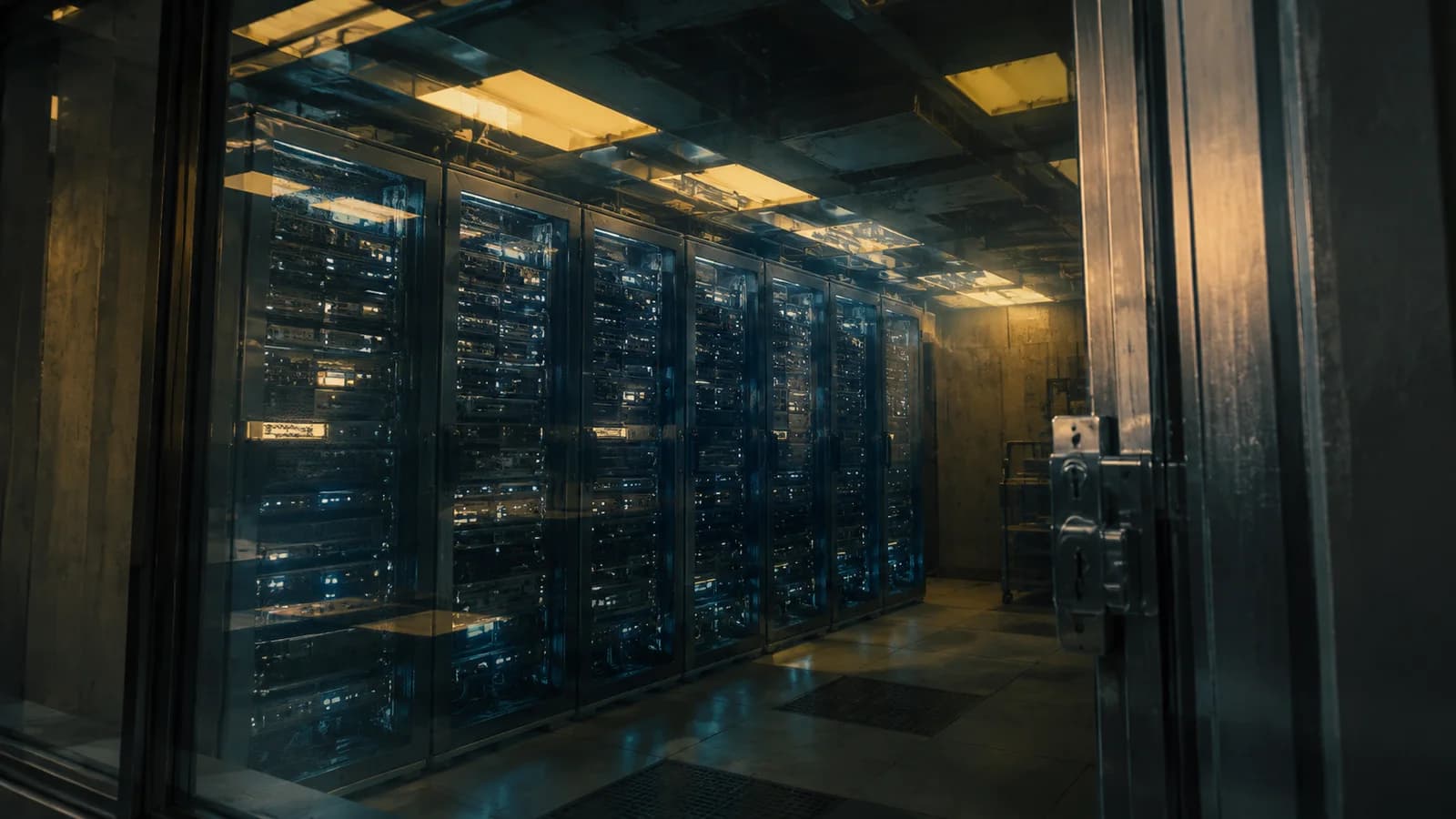 Server cabinets stand behind a locked glass door.