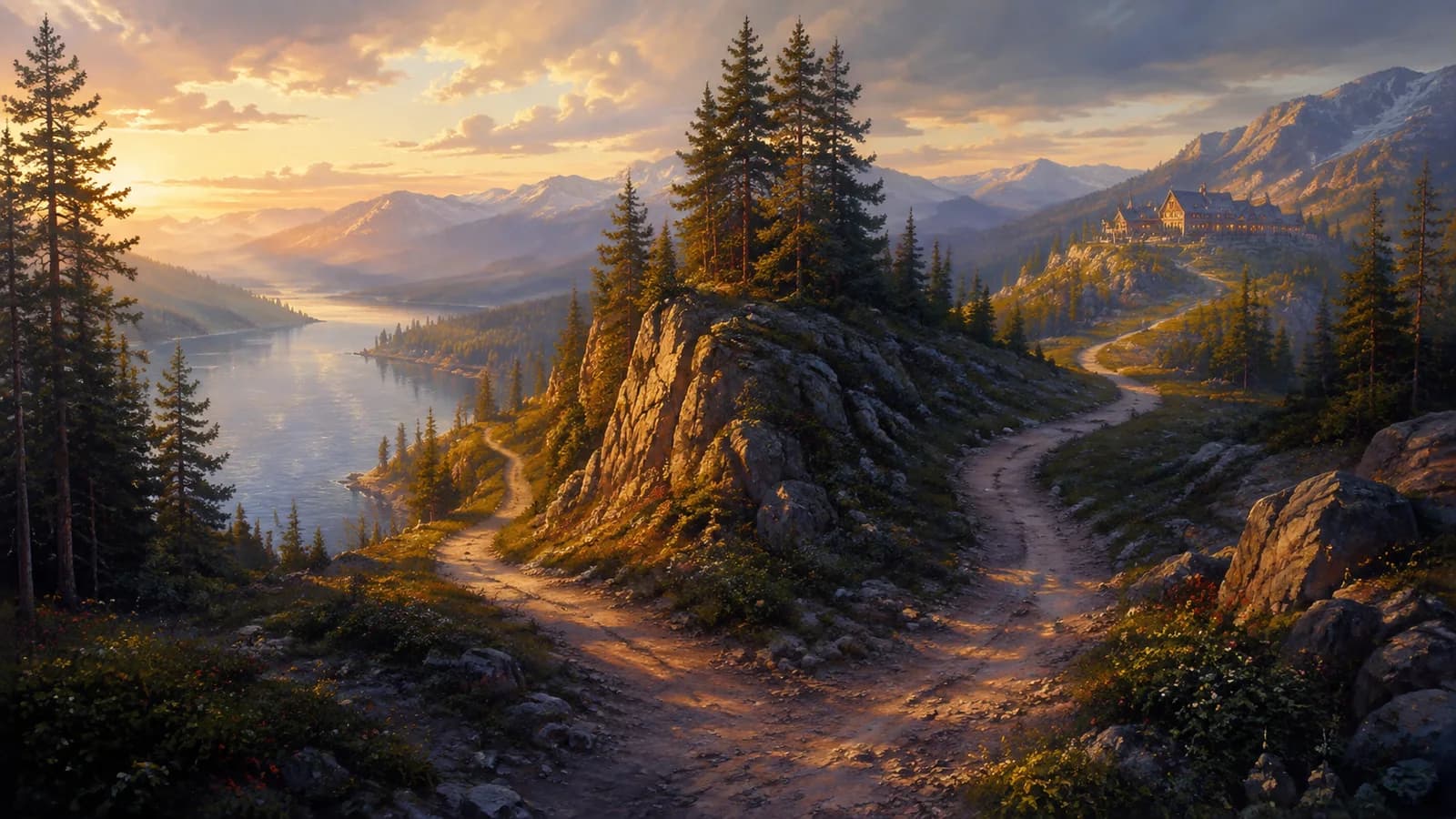 A forest trail divides into a direct route and a longer lakeside path.