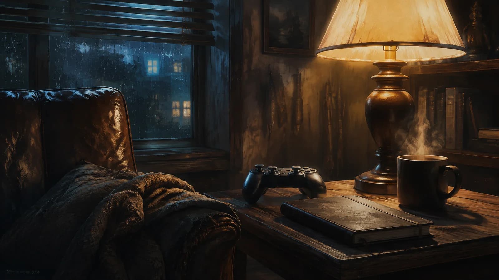 A controller, journal and steaming cup sit beside a lamp on a rainy evening.