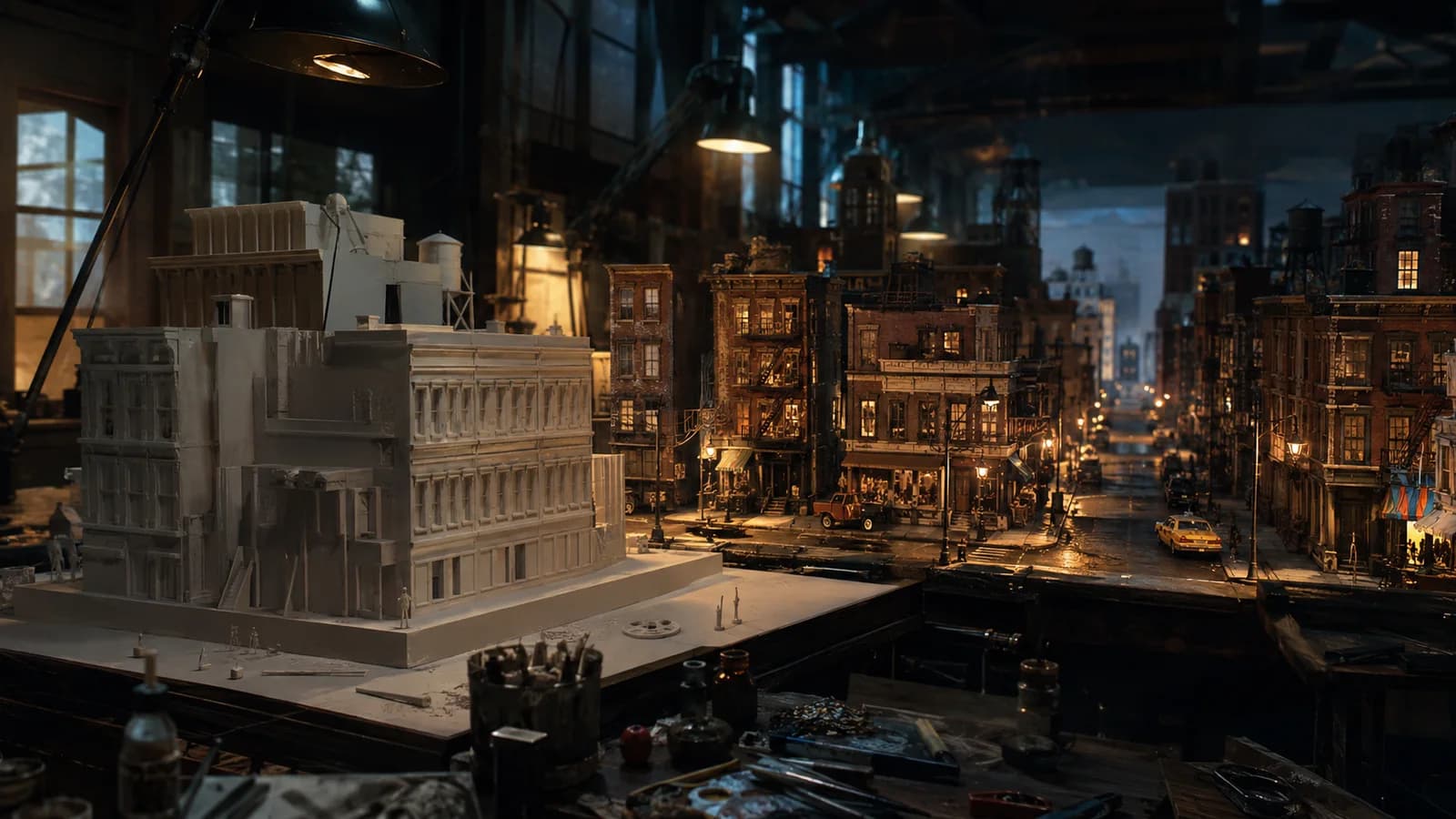 A rough architectural model sits in front of a more detailed street miniature.