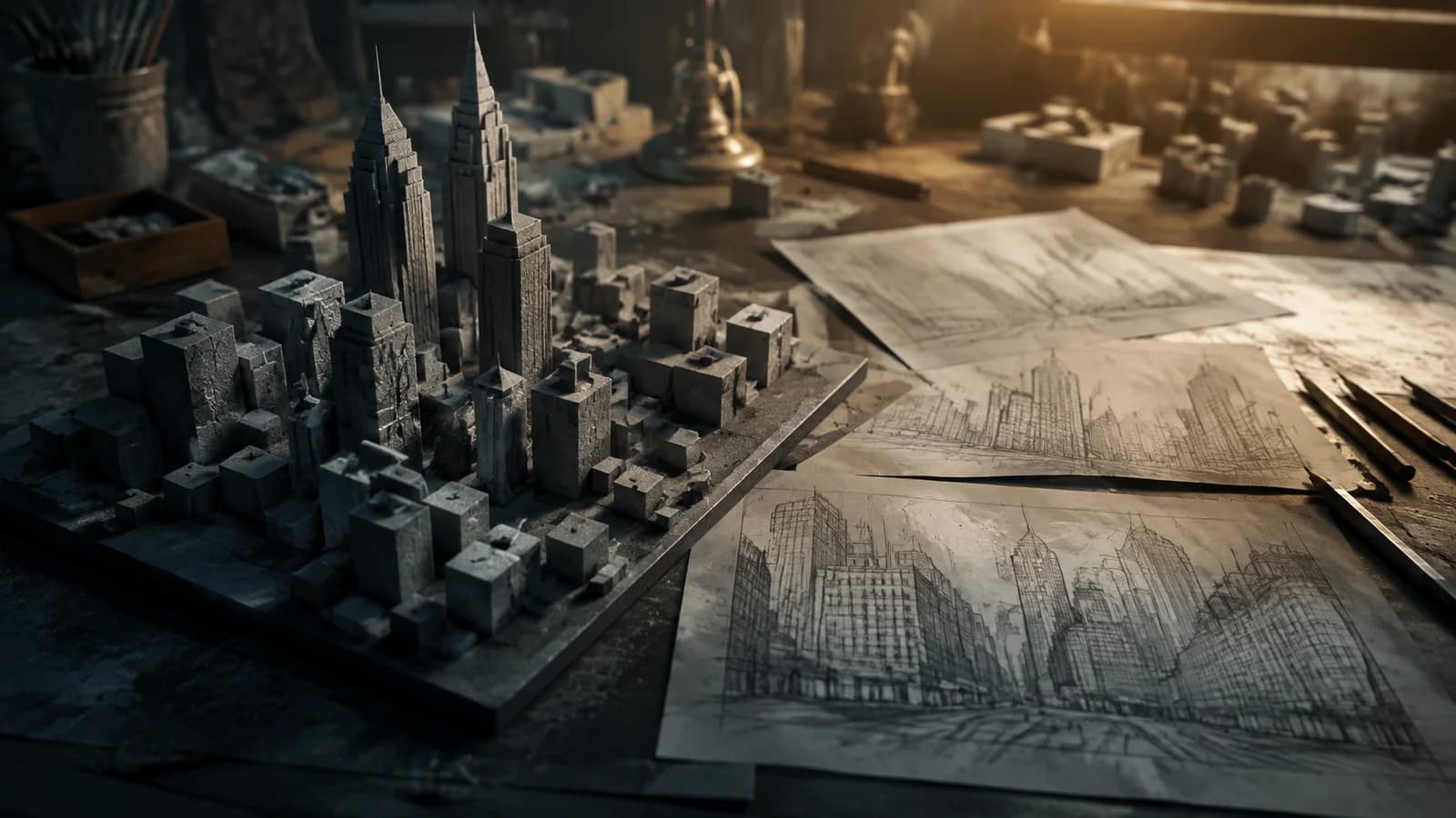 An unfinished gray city model rests beside architectural sketches.