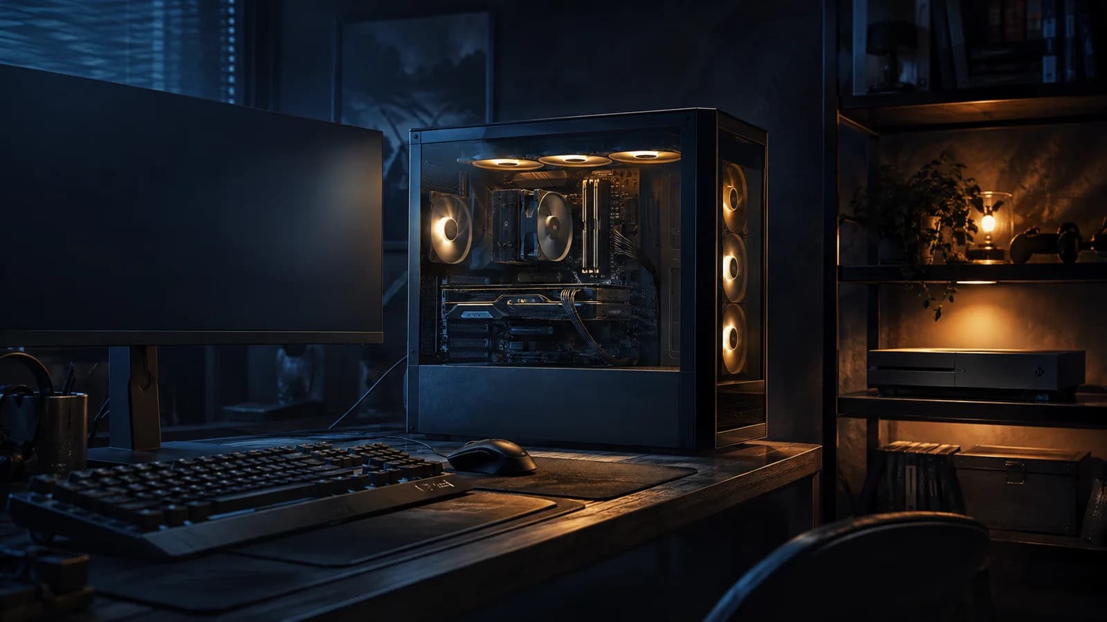 A desktop PC and keyboard stand apart from a console on a nearby shelf.