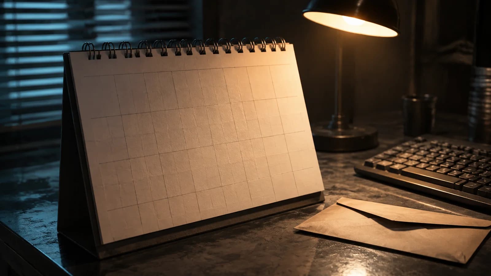 An unnumbered blank calendar sits beside a keyboard and closed envelope.