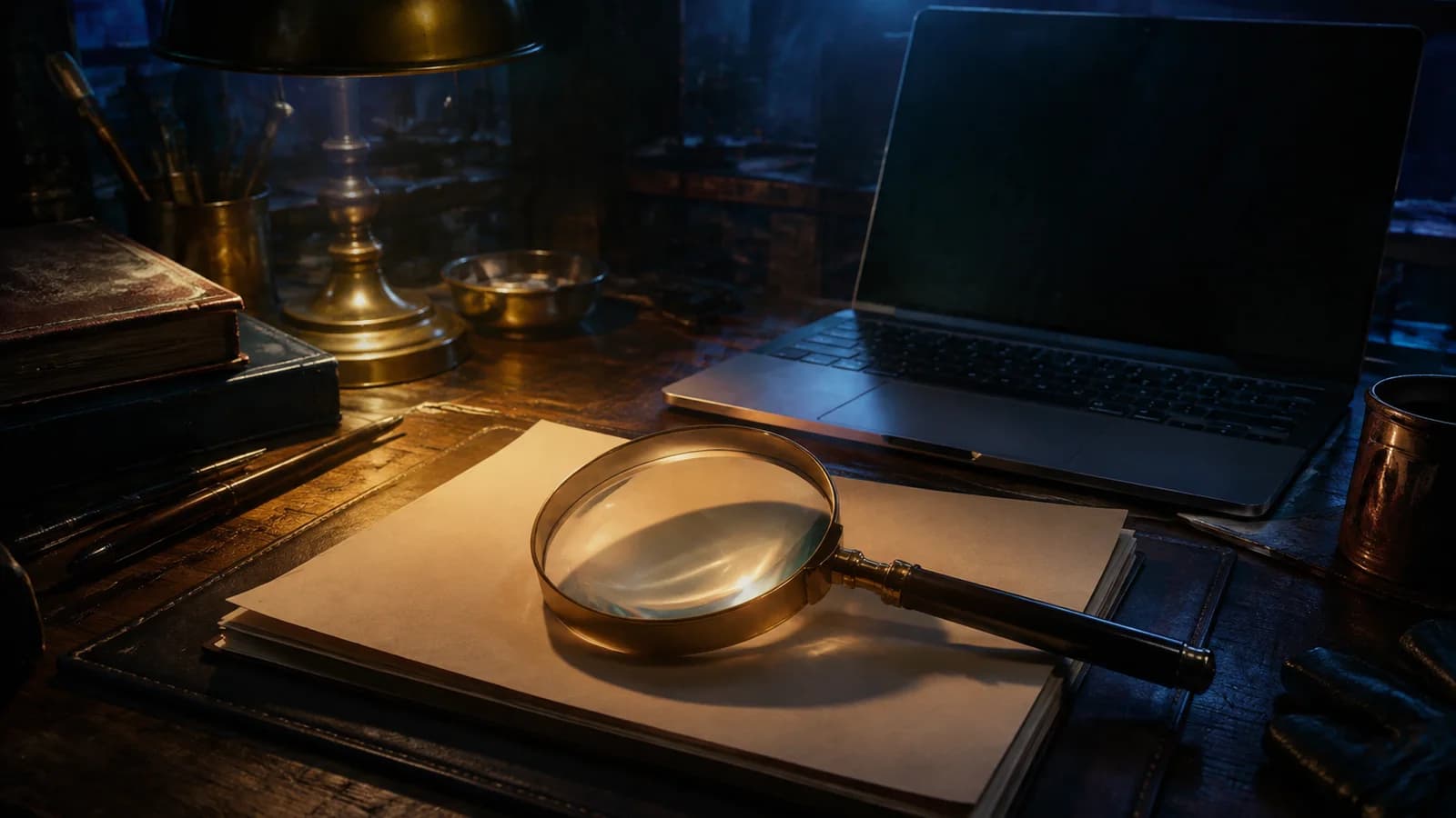 A magnifying glass and blank documents lie beside a dark laptop.