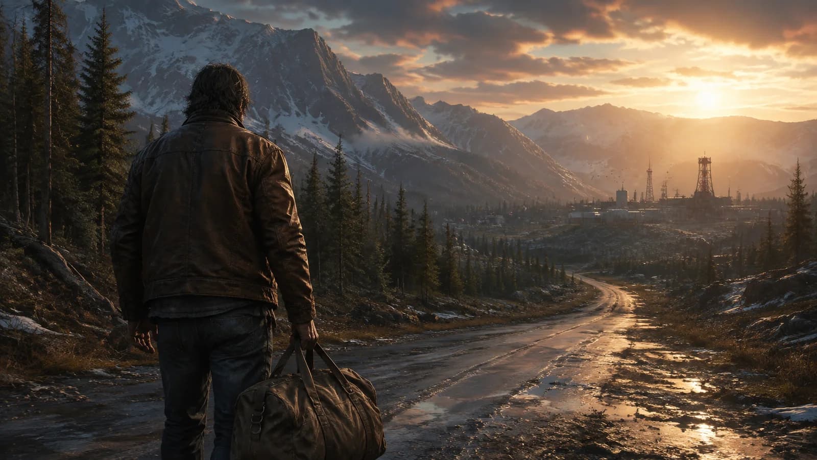 A traveller follows a forest road toward a distant mountain outpost.