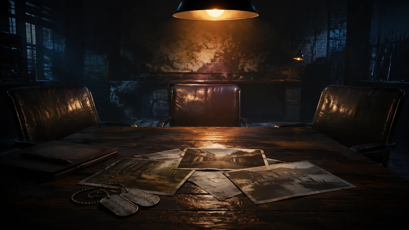 Dog tags and location photographs laid out in a covert operations briefing room.