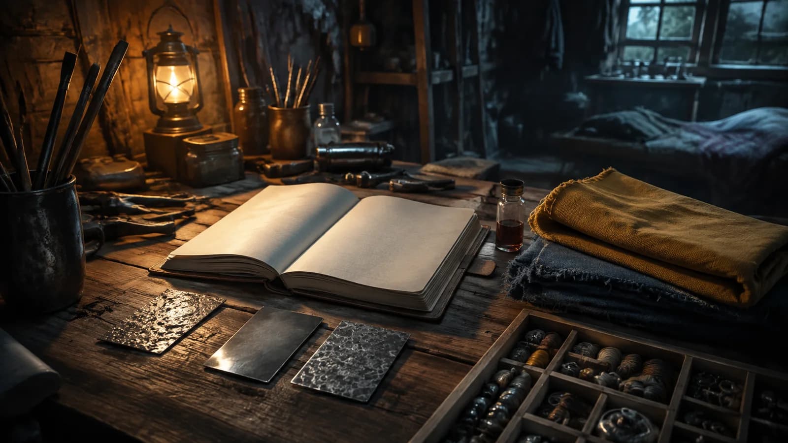 A field journal, fabric and crafting materials arranged on a workshop bench.