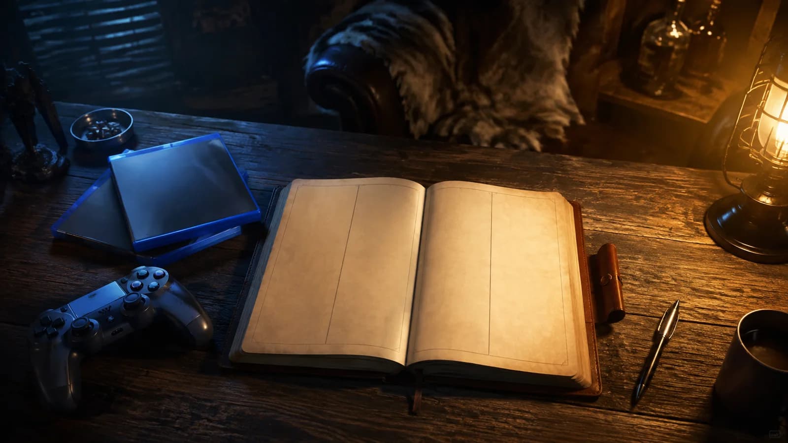 Two game cases flank an open journal with empty comparison columns.
