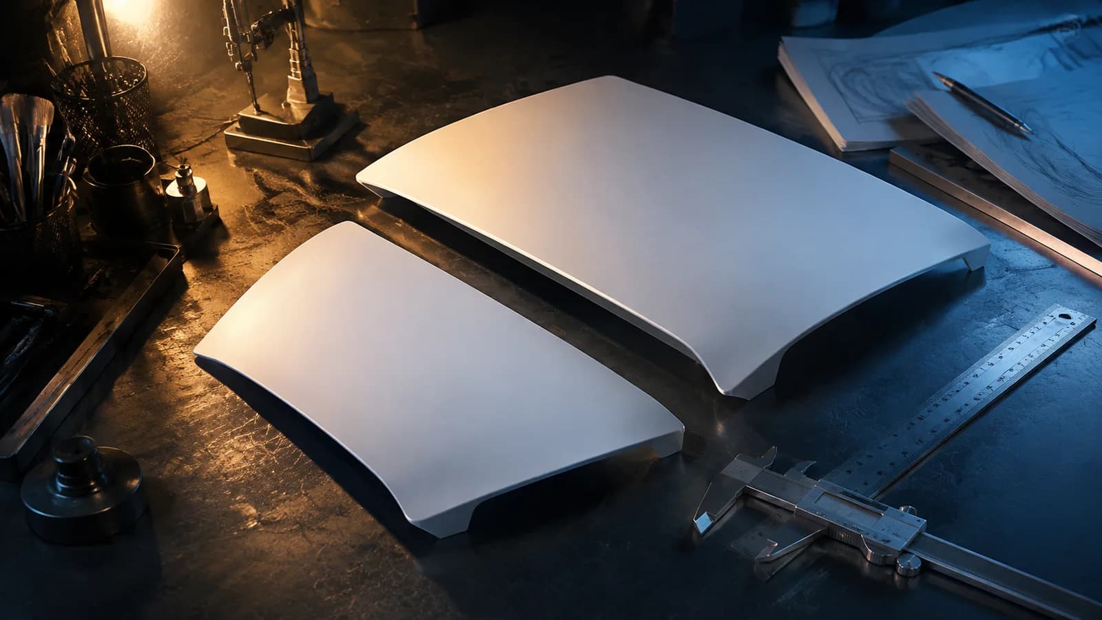 Two differently sized console panels lie beside calipers on a workbench.
