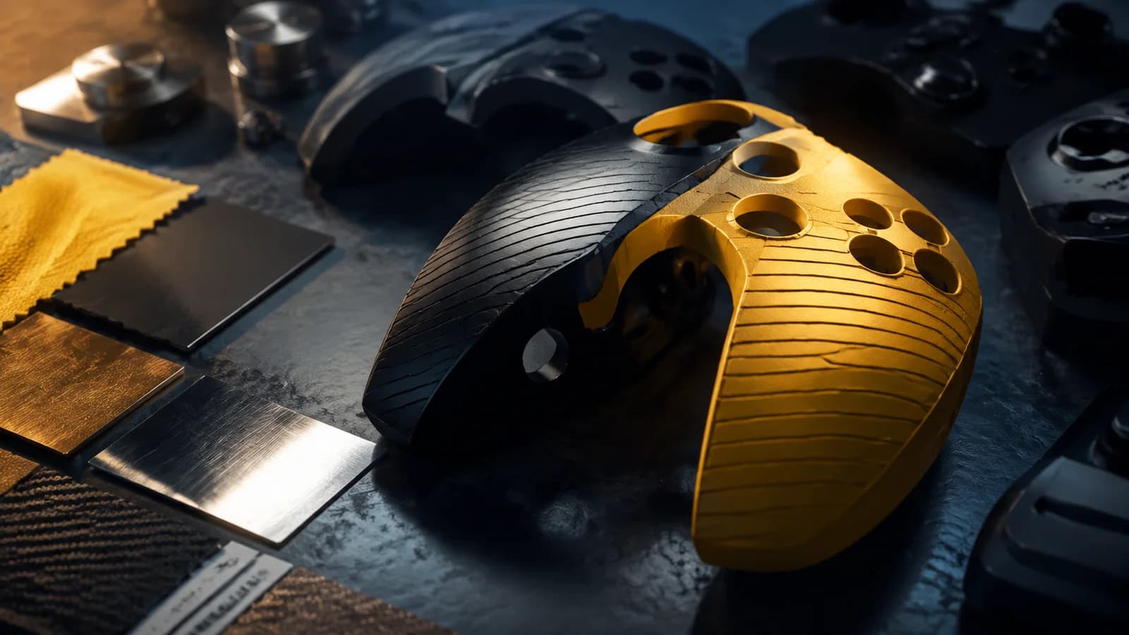 Yellow polymer, black shell pieces and metal samples form a hardware design study.