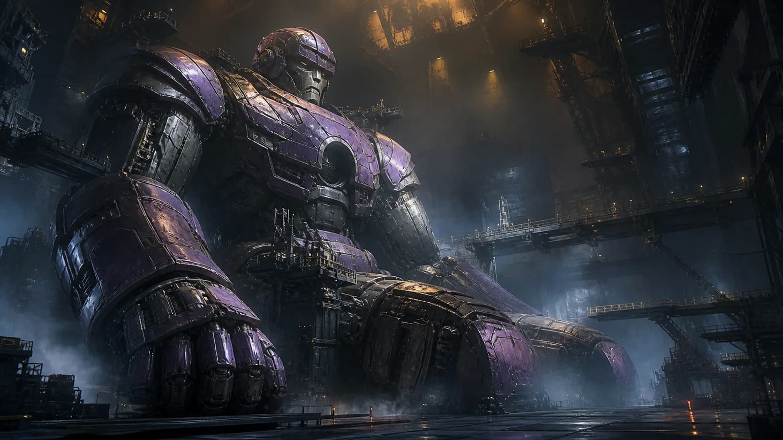 A massive purple-and-steel Sentinel-inspired robot sits dormant in a hangar.
