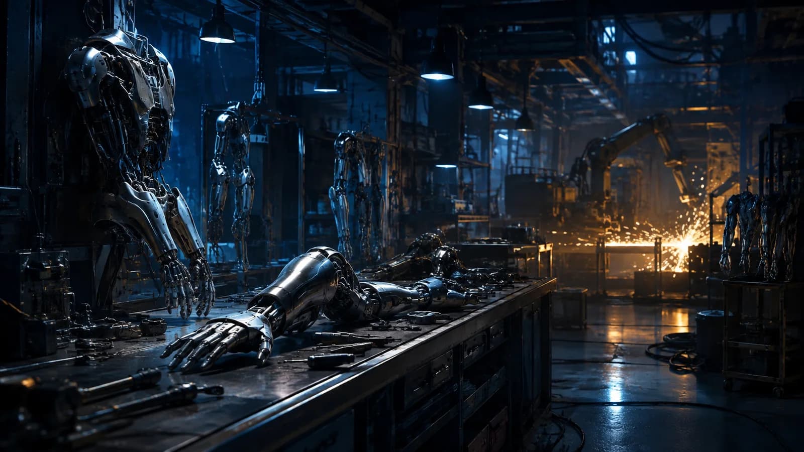 Cybernetic armatures and mechanical limbs fill a covert robotics workshop.