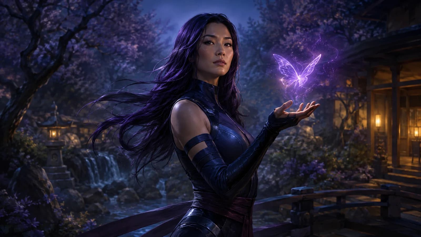 Psylocke holds a glowing psychic butterfly in an indigo garden.