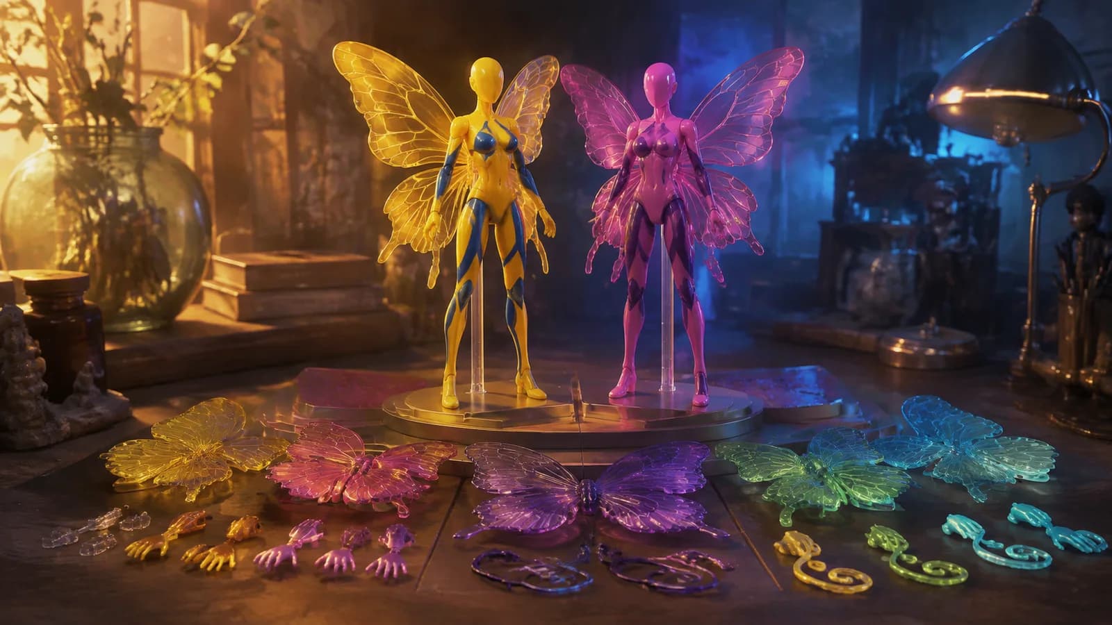Two miniature figure silhouettes share a display with translucent butterfly accessories.