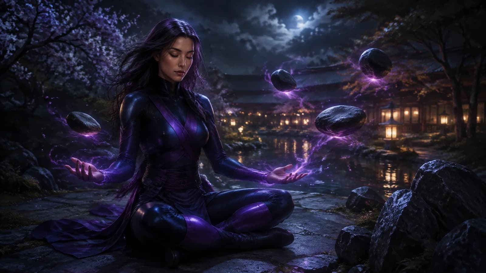Psylocke uses violet telekinetic light to lift stones in a moonlit garden.