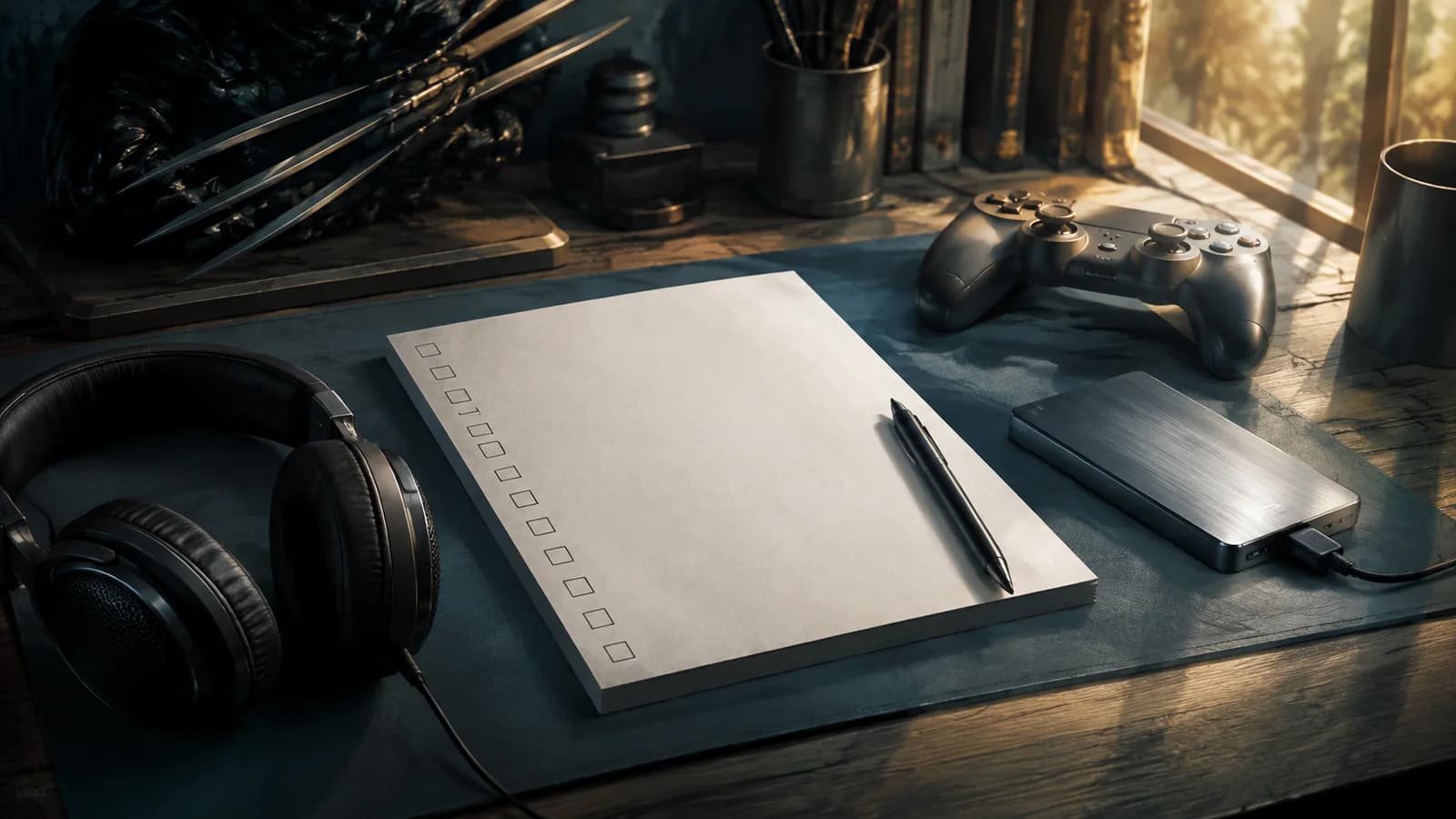 A controller, headphones and drive sit beside an empty checklist and pen.