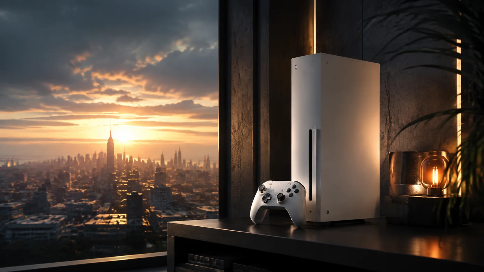 A white console and controller face a city skyline at dawn.