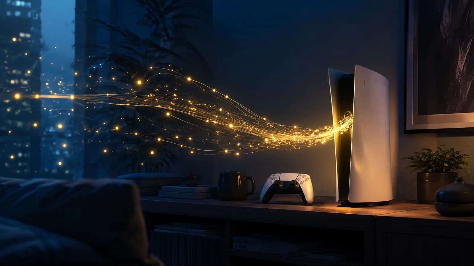 Golden light particles flow toward a console in a dark gaming setup.