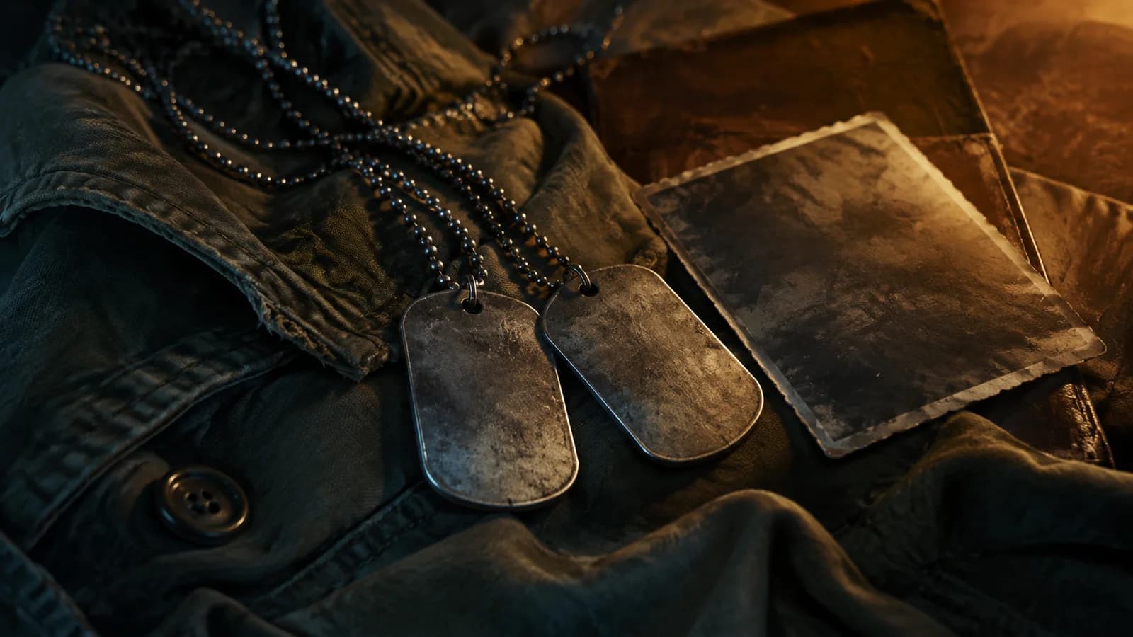 Two sets of dog tags lie together on a folded field jacket.