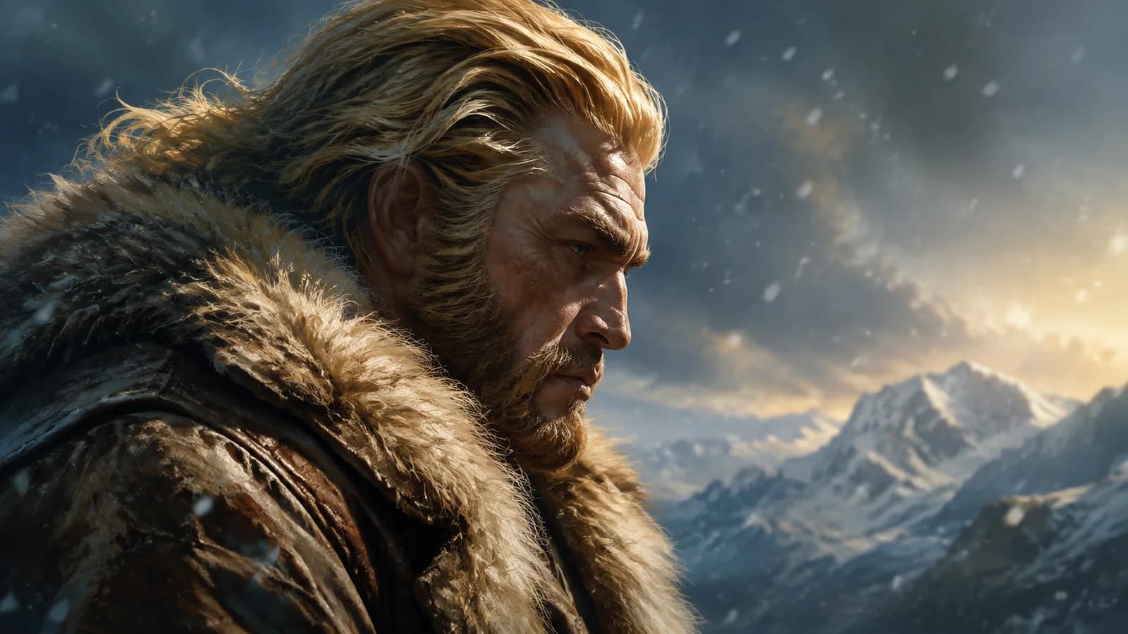 A profile study of Sabretooth against falling snow and distant mountains.