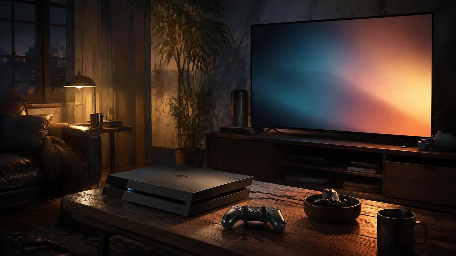 A console, connected cable and controller sit below a large display.