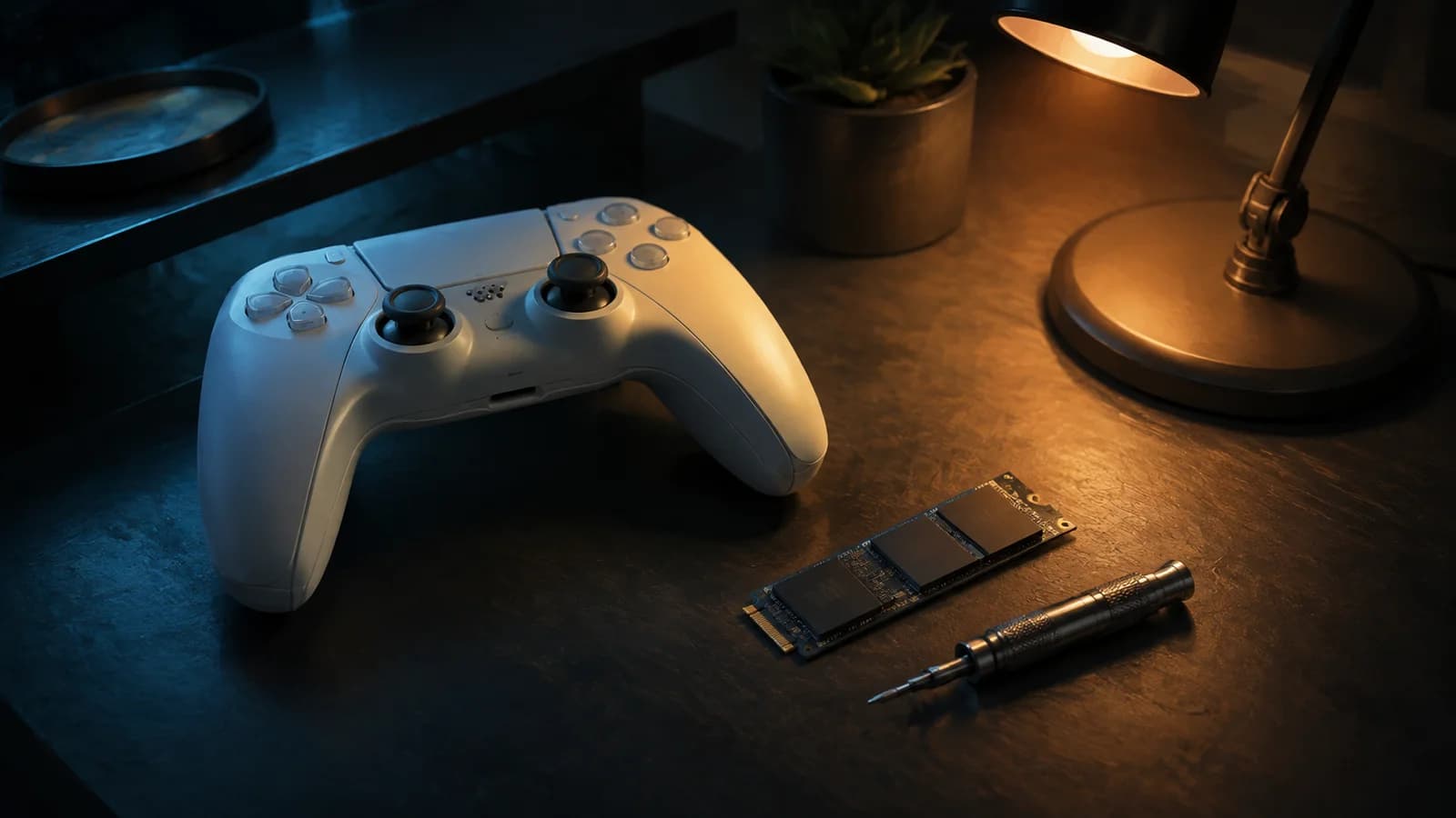 A white controller, solid-state drive and precision screwdriver rest under a desk lamp.