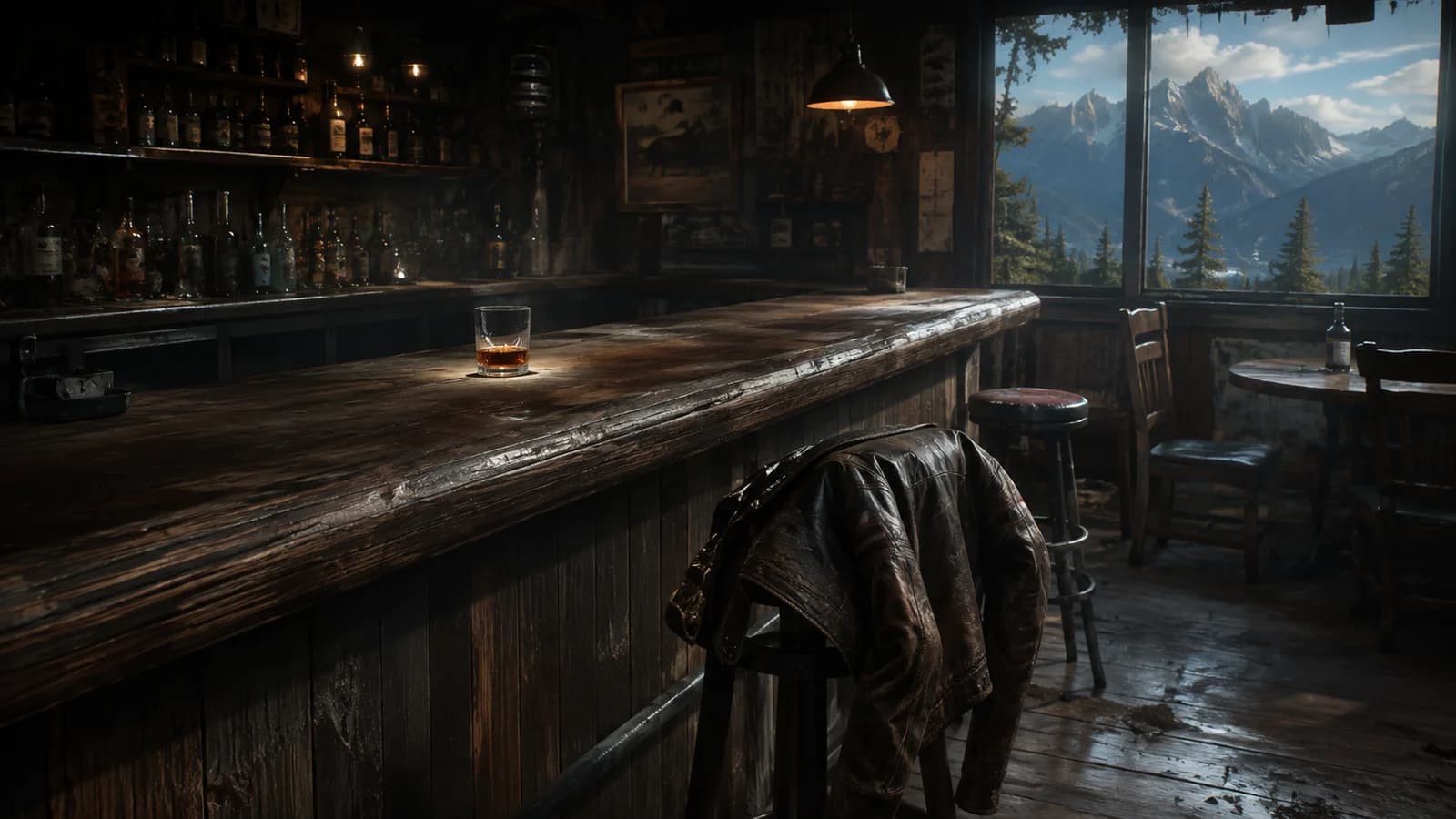 A leather jacket hangs over a stool at a quiet roadside bar.