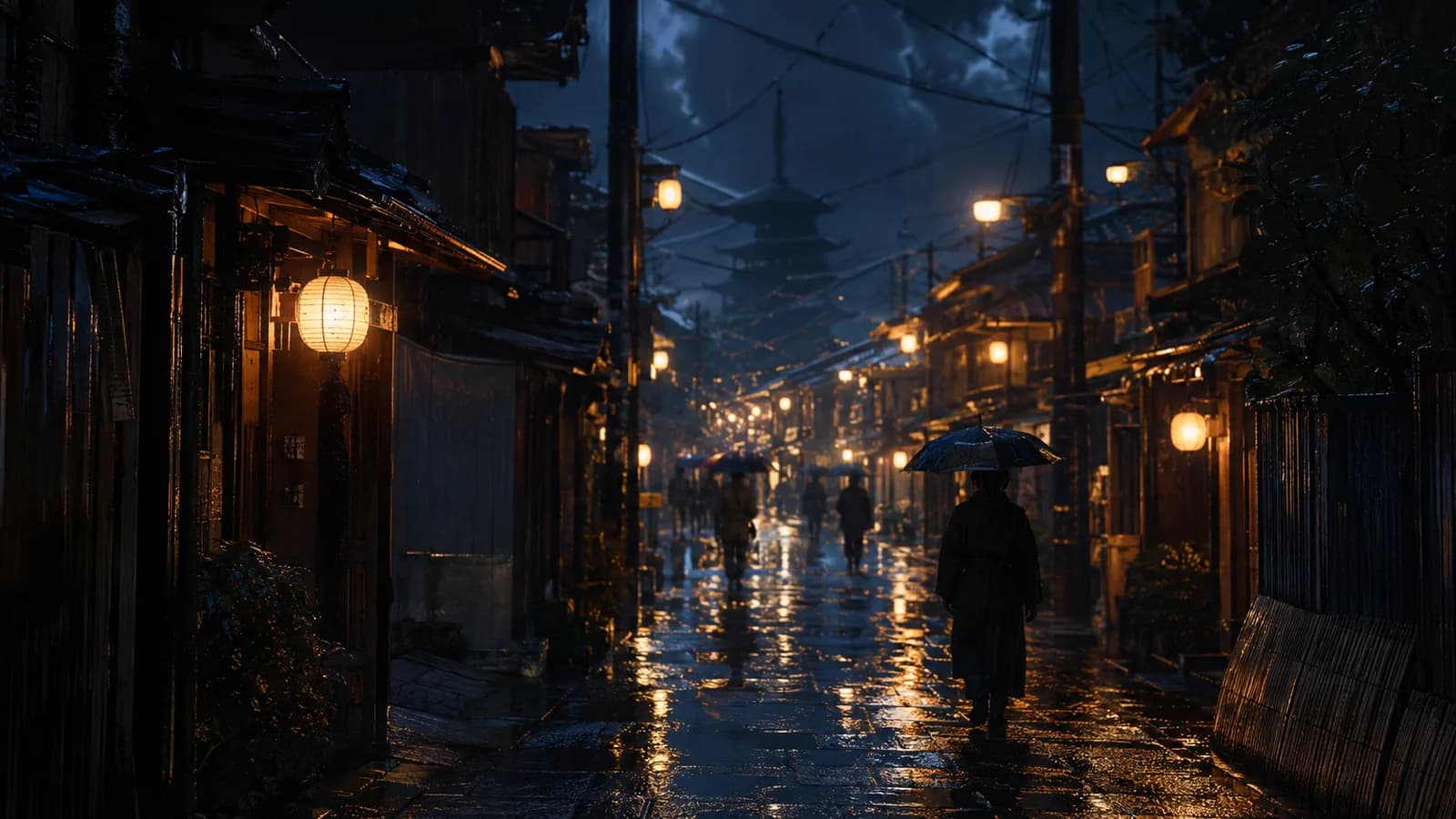 Lanterns illuminate a rain-soaked Japanese street beneath overhead wires.