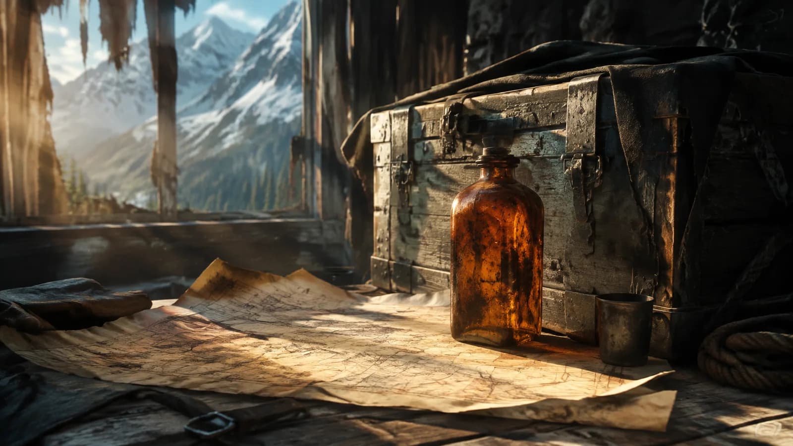 An amber bottle and supply crate sit beside an unfolded map in a cabin.